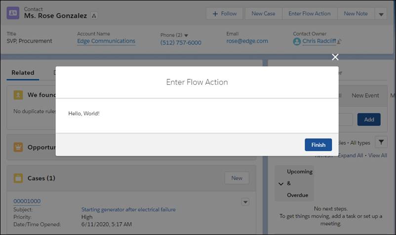 A Flow Action modal over the contact record for Ms. Rose Gonzalez. The modal's title is Flow Action, and it's displaying the Sample Flow flow.