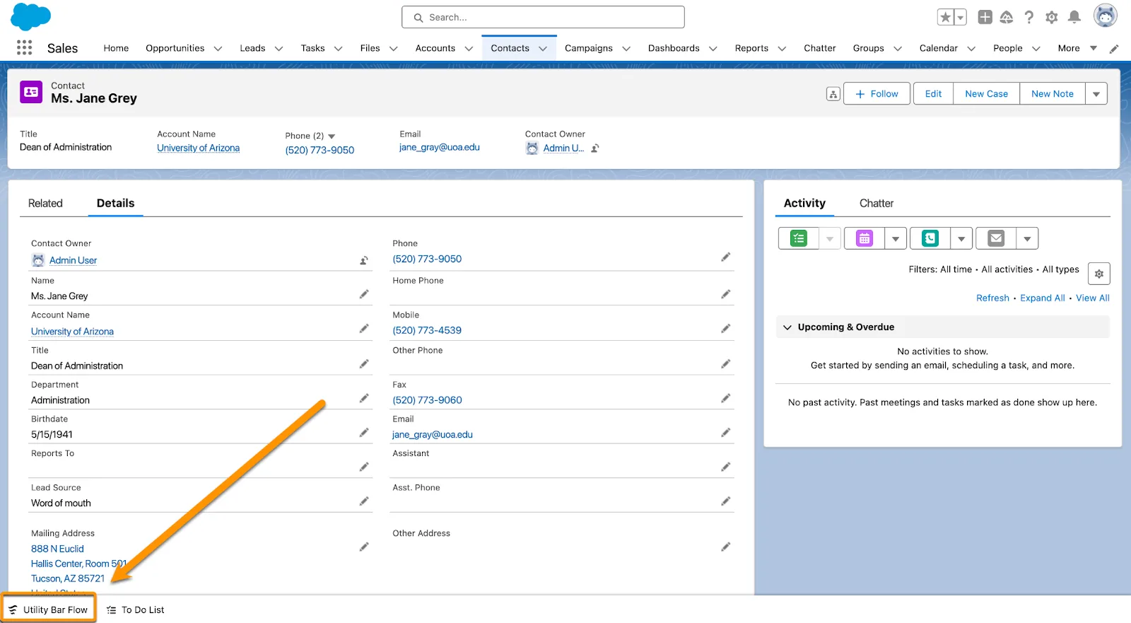 The utility bar on the contact record for Ms. Jane Grey also includes Utility Bar Flow.