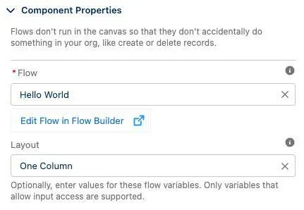 The properties pane for a Flow component, where Flow is set to Hello World.