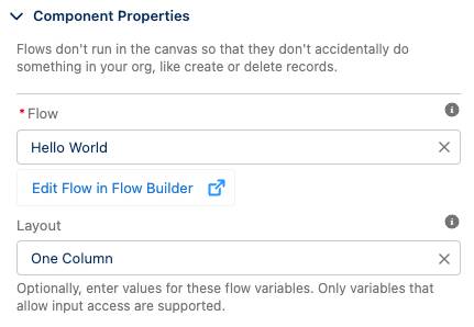 Volet des propriétés d’un composant de flux, où Flow (Flux) est défini sur Hello World