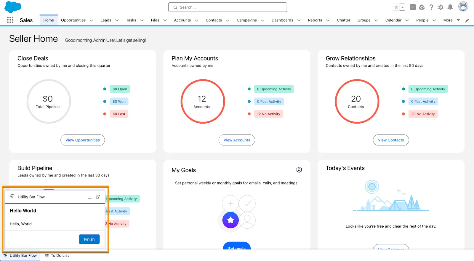 ホームページのユーティリティバーで [Utility Bar Flow (ユーティリティバーフロー)] が開いた状態。[Hello World] が表示されています。