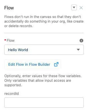 The Hello World flow is selected in the Flow component properties.