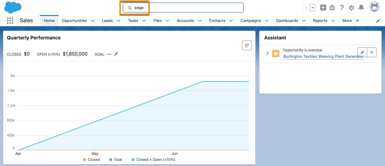 Die Leiste für globale Suche oben auf der Startseite von Salesforce,