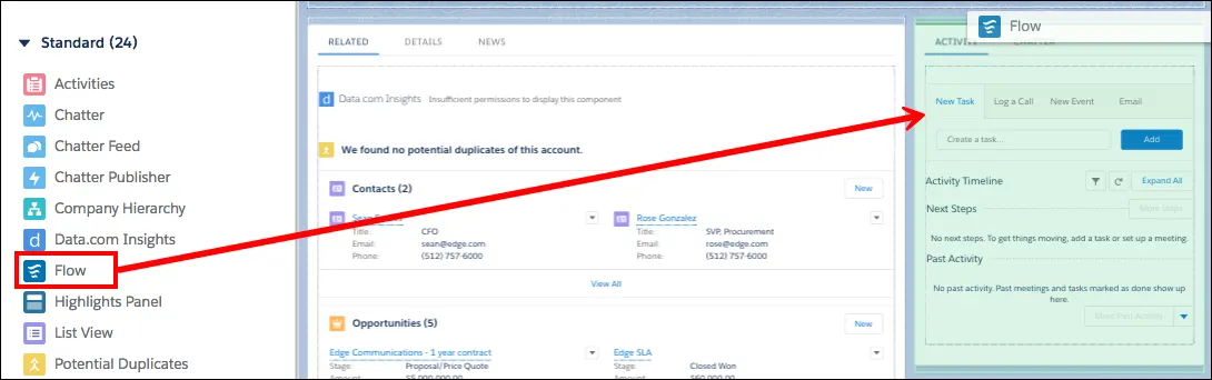 Drag a flow component from the Standard components list onto the account page.