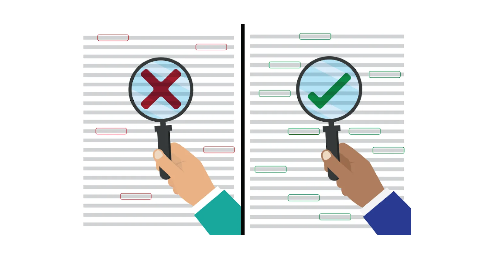 Two blocks of obscured code; in front of each is a hand holding a magnifying glass.