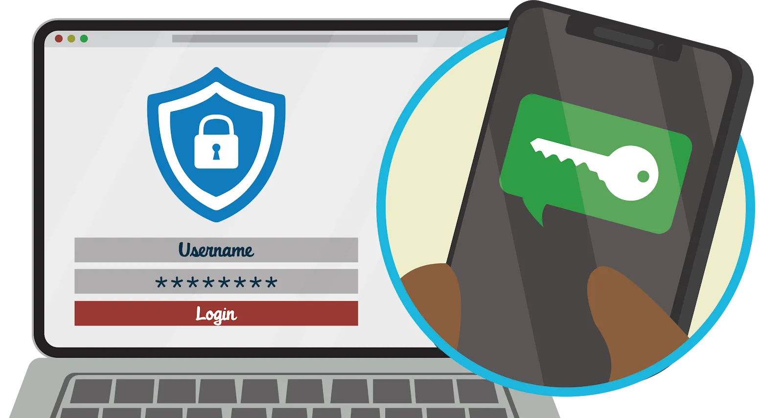 ログインページが表示されているラップトップ。(円の中) 電話で 2FA ログインを実行する鍵のアイコンを押している手。