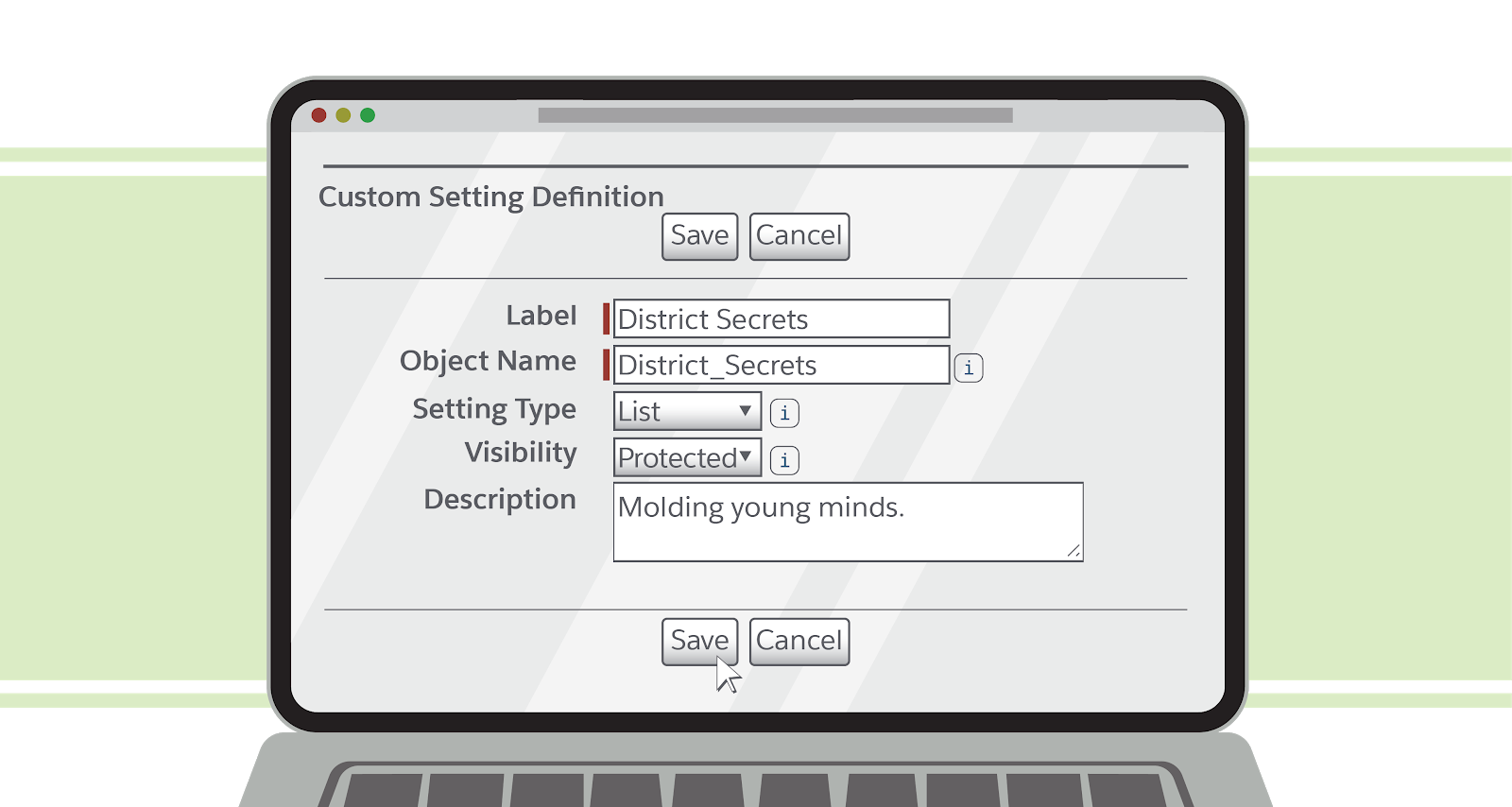 Screenshot of the custom settings. Laptop open to Custom Setting Definition page with fields for Label, Object Name, Setting Type, Visibility, and Description.