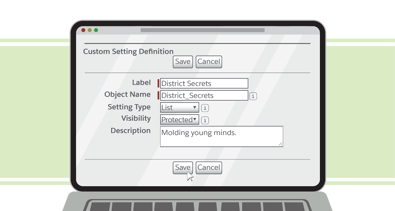 Captura de pantalla de la configuración personalizada. Computadora portátil abierta en la página Definición de configuración personalizada con campos para Etiqueta, Nombre de objeto, Tipo de configuración, Visibilidad y Descripción.