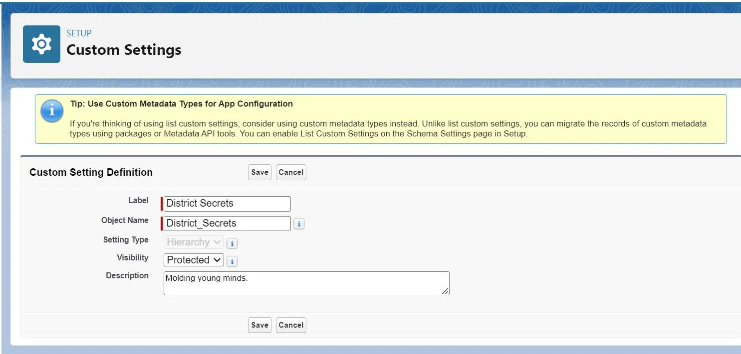 Crie uma configuração personalizada protegida definindo um Label (Rótulo), Object name (Nome do objeto), Setting type (Tipo de configuração) e Visibility (Visibilidade).