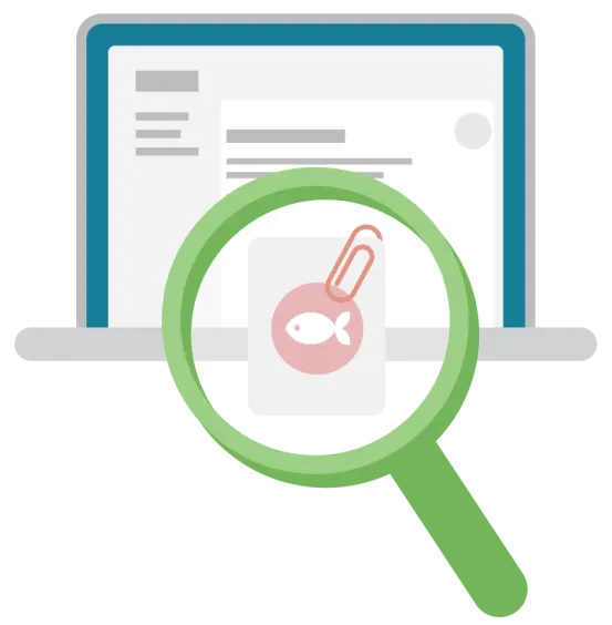 A magnifying glass identifies a risky phishing email.