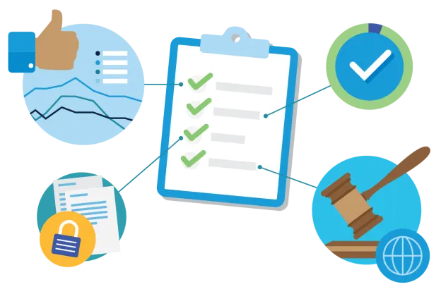 Images illustrant comment un expert en sensibilisation à la sécurité protège son organisation : celles-ci représentent un graphique d’analyse de données, une liste de contrôle de conformité, des documents sécurisés par un cadenas et un marteau.