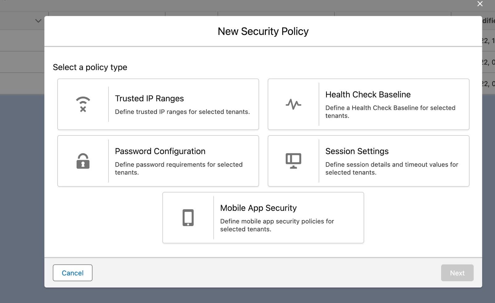 セキュリティセンターからリリースできるセキュリティポリシーオプションが表示されている [Security Policy (セキュリティポリシー)] モーダル