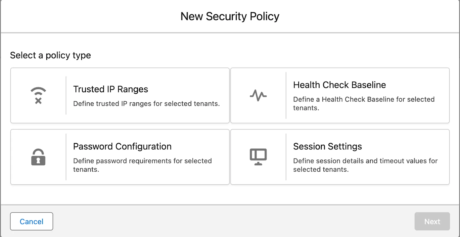 セキュリティセンターからリリースできるセキュリティポリシーオプションが表示されている [Security Policy (セキュリティポリシー)] モーダル