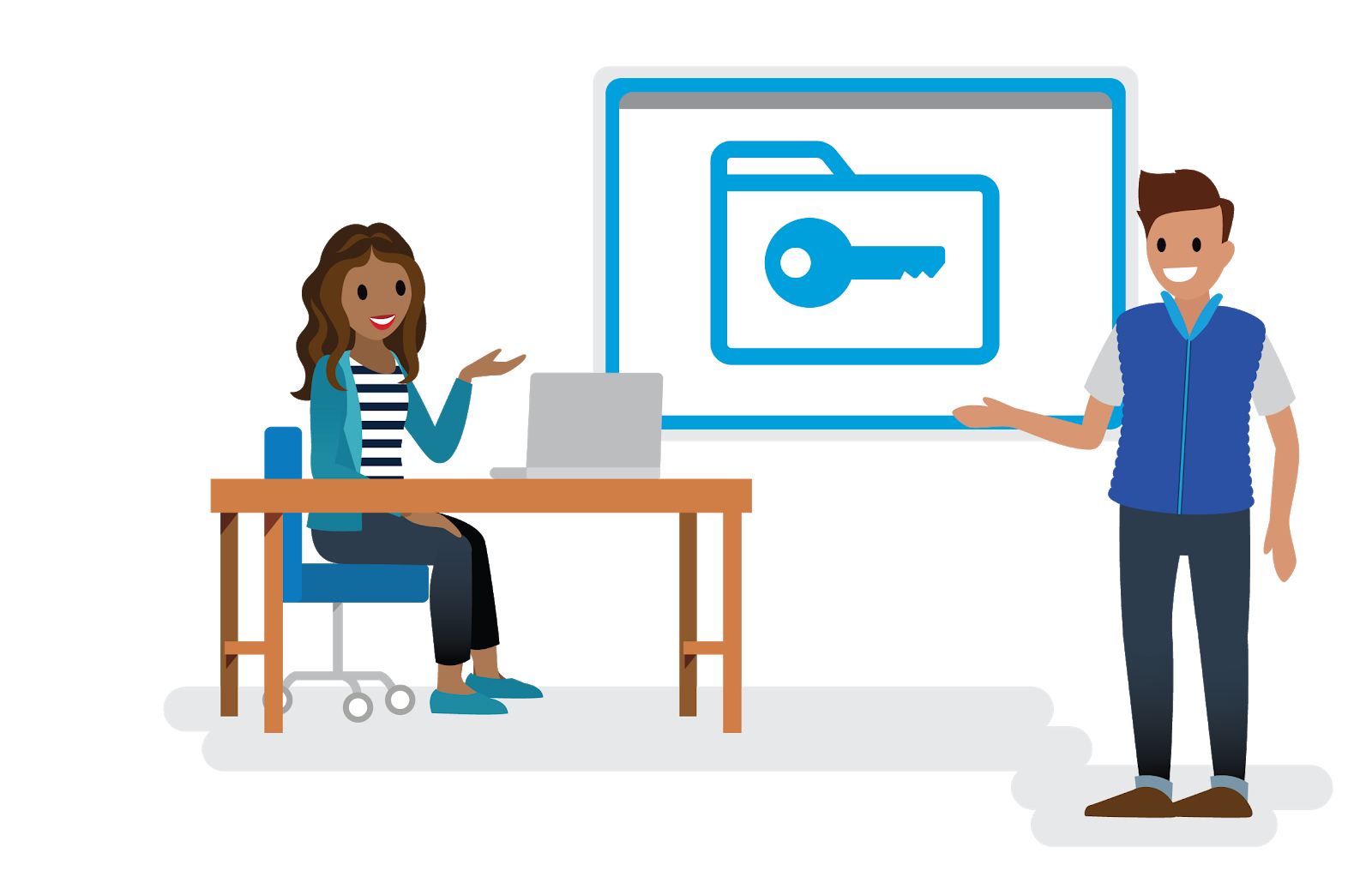 An ST&E specialist and a project manager discussing security expectations (symbolized by a drawing on a whiteboard of a file folder with a key on it)
