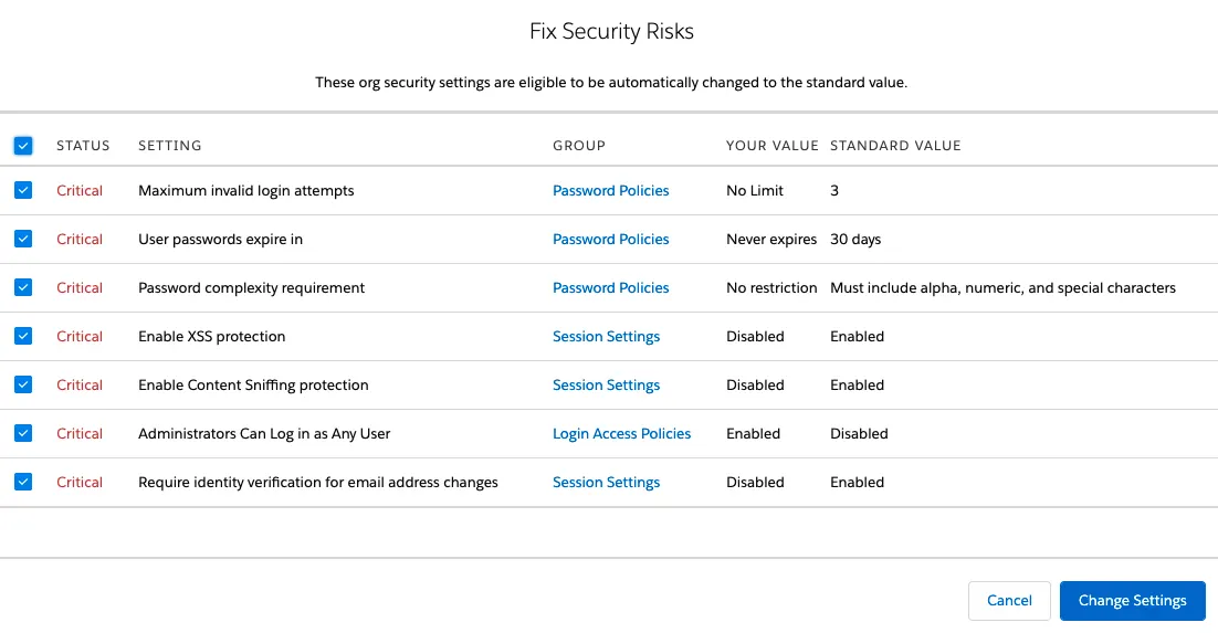 Screenshot of the Fix Security Risks screen within Health Check, showing a list of critical security settings