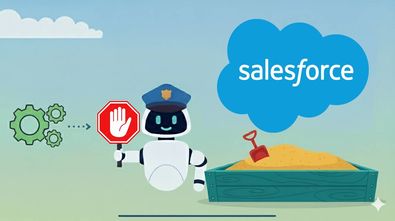 A robot holding the international sign for stop in front of gears that represent automation, preventing the automation from occuring in a Salesforce sandbox.