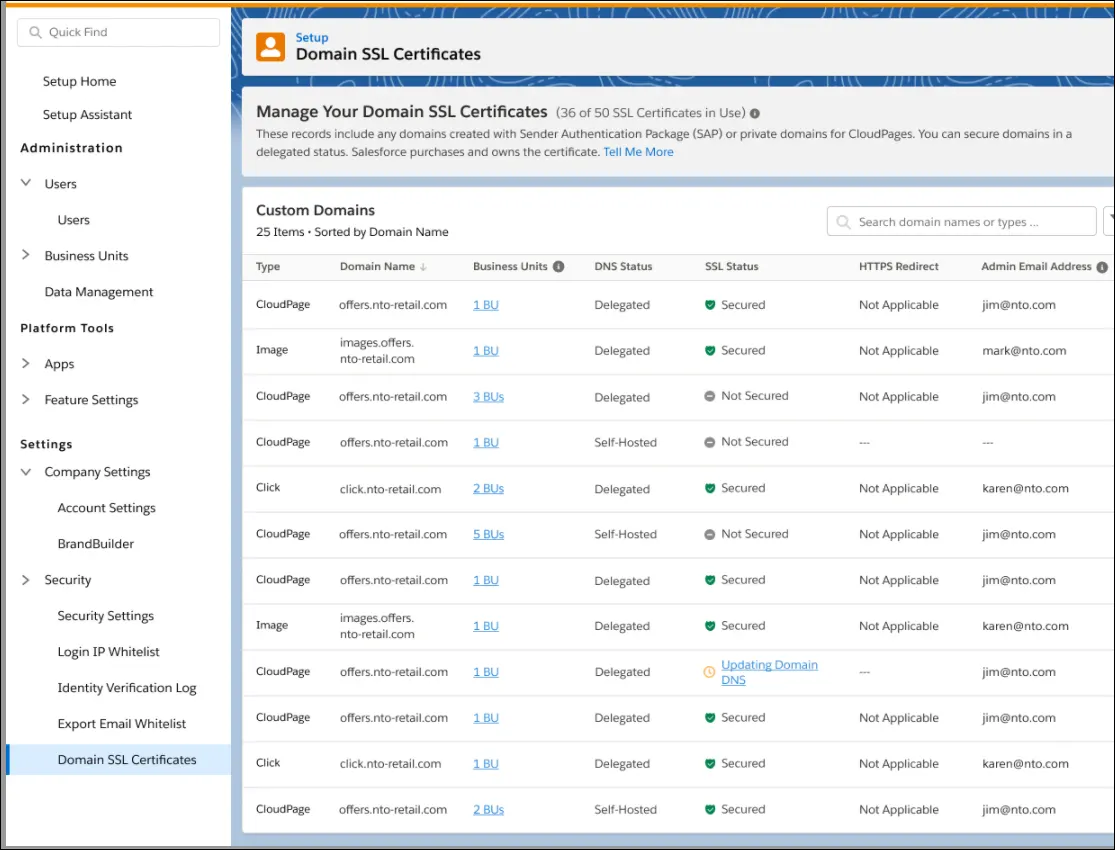 SSL status screen in Marketing Cloud Engagement Setup