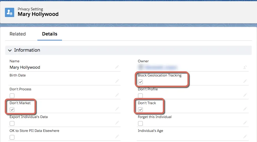 Mary Hollywood’s privacy settings record detail, with the privacy settings selected.