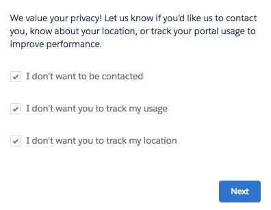 Screenshot showing the following checkboxes in the flow: I don't want to be contacted; I don't want you to track my usage; I don't want you to track my location.