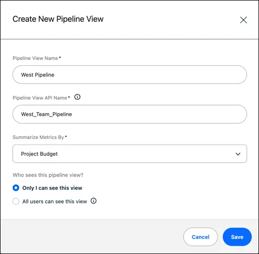 Create new pipeline custom view.