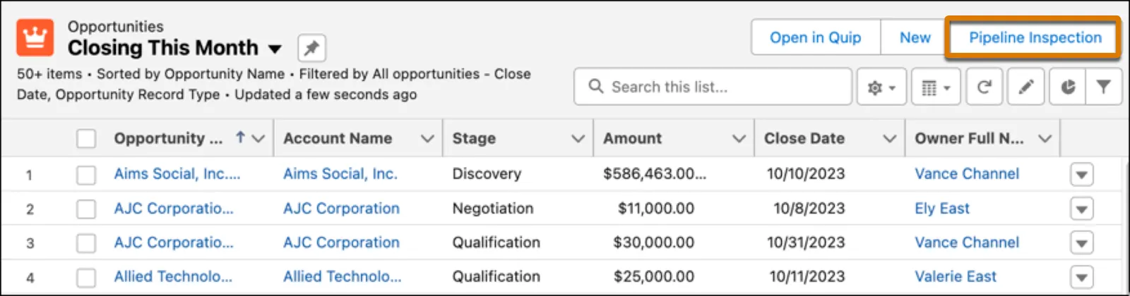 To access Pipeline Inspection view, click the Pipeline Inspection button on the Opportunities tab.