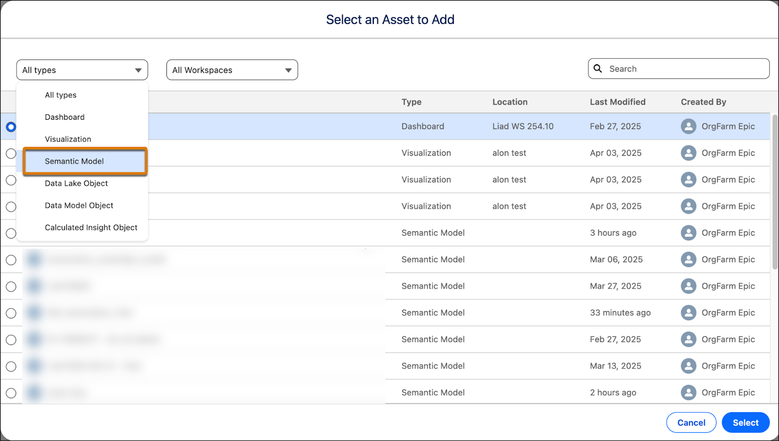 The Semantic Model asset type option in the Select an Asset to Add dialog.
