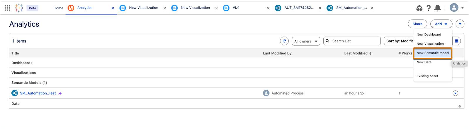 The New Semantic Model menu option.