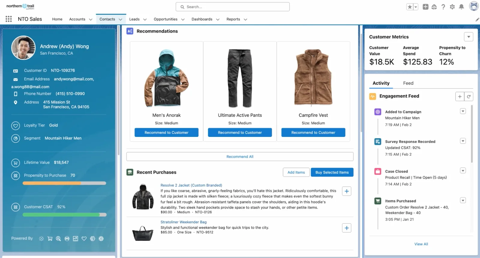 Unified customer profile showing customer information, recommendations, recent purchases, customer metrics, and activity.