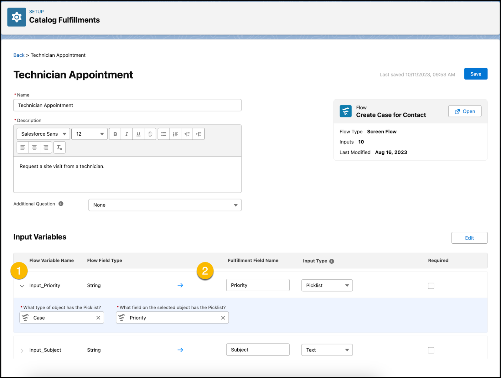 Technician Appointment (技術者の予定) 履行の [Fulfillments (履行)] ページの入力変数の編集セクション