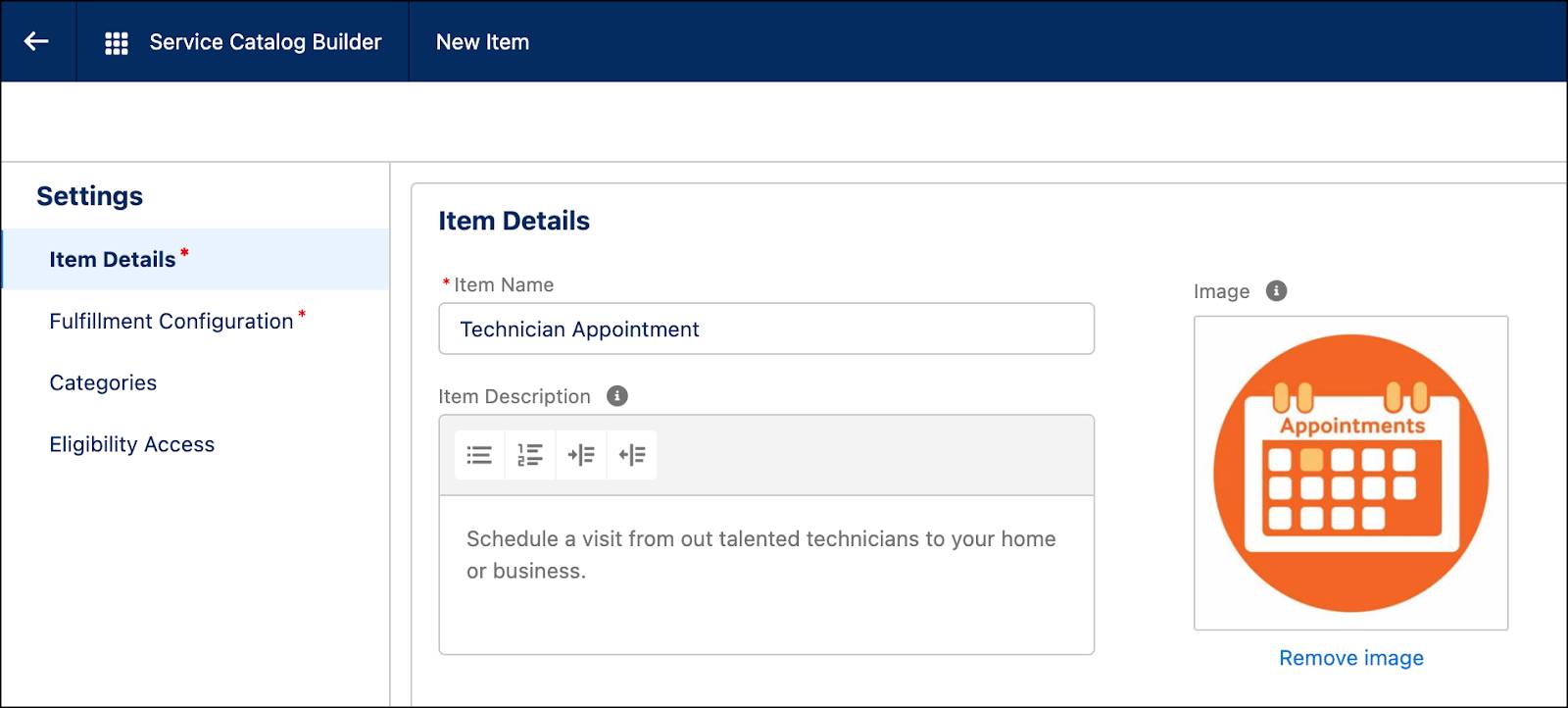 「Technician Appointment (技術者の予定)」が表示されたカタログ項目ビルダー。