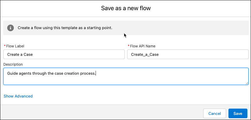 Provide a label and description for the cloned Create a Case flow