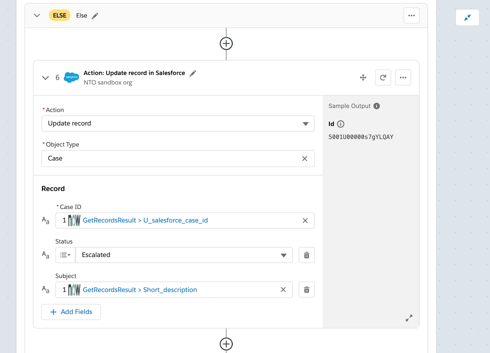 Step 6 of flow within Else branch updating Service Cloud case with short description of the incident and a status of escalated.