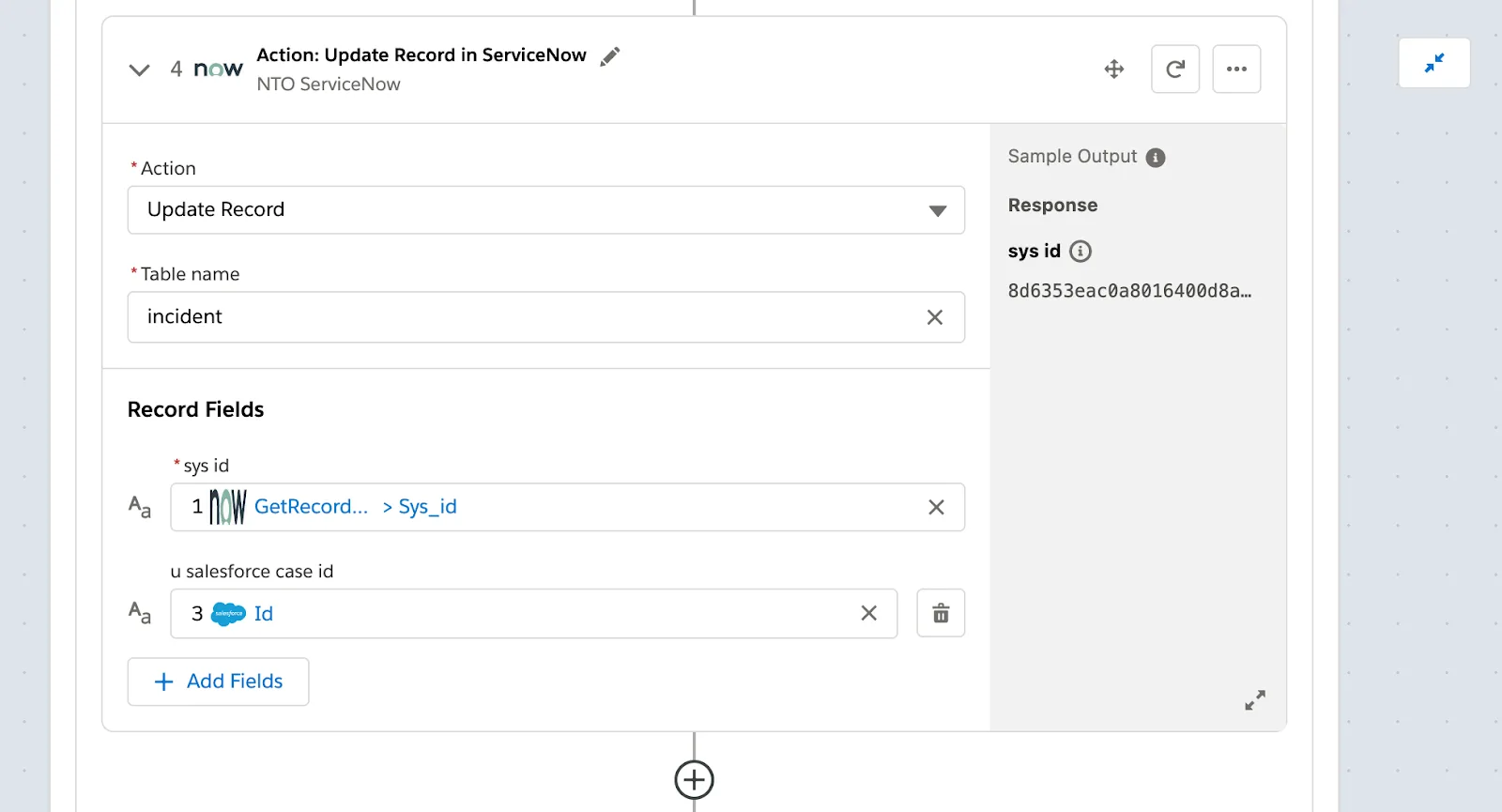 Step 4 of flow within If branch updating the incident with a Salesforce Case ID.