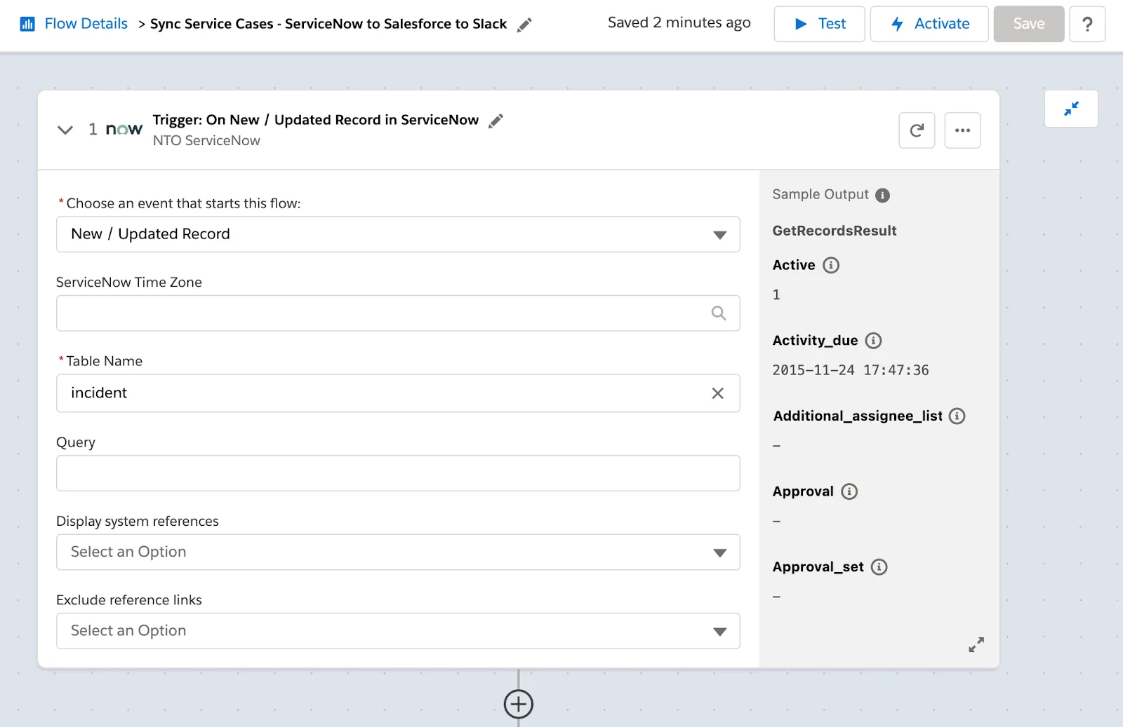 Step 1 of flow showing a new or updated incident in ServiceNow as the trigger.