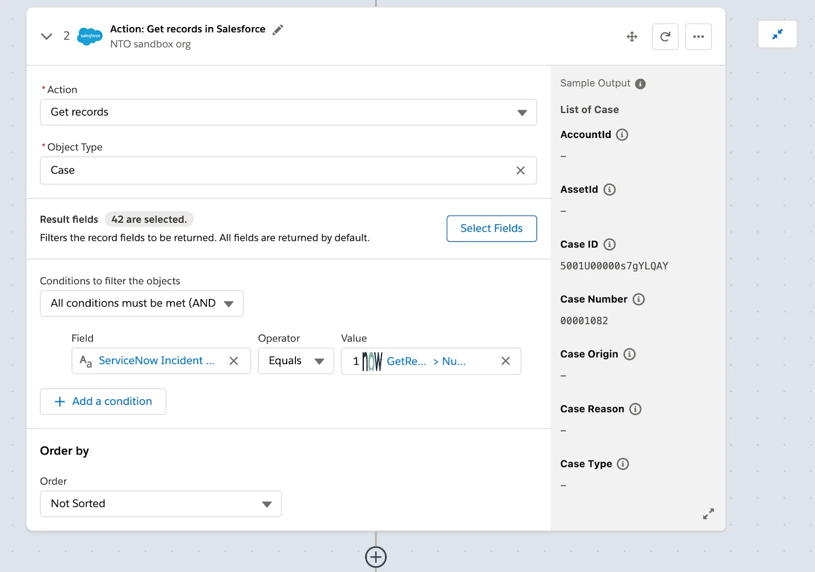 Step 2 of flow to get all cases in NTO org that have the same ServiceNow number as the incident.