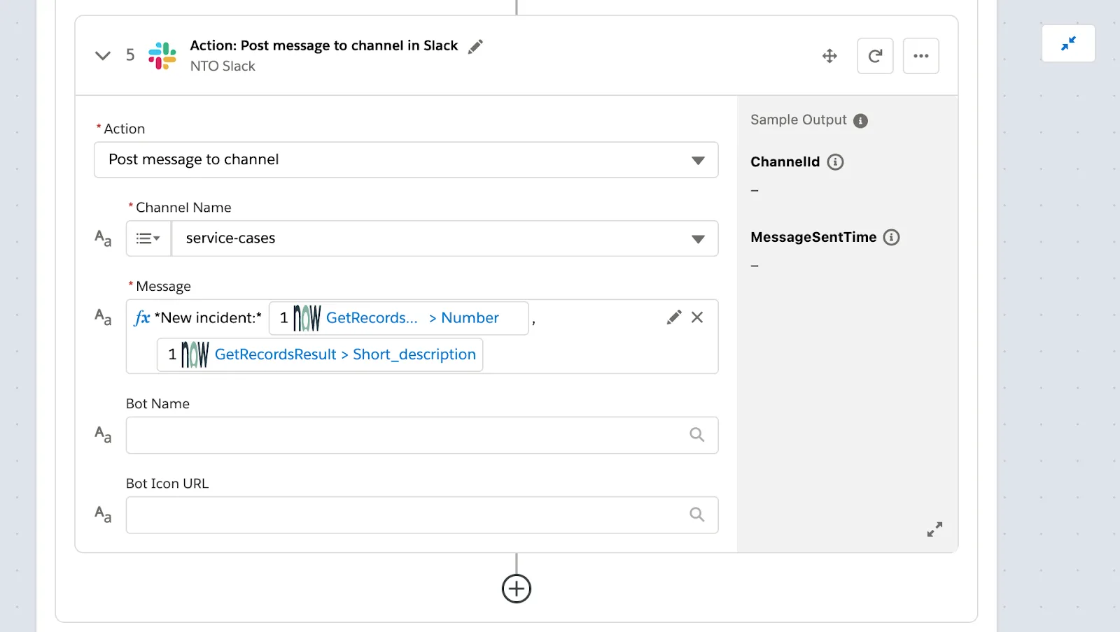 Step 5 of flow within If branch posting message to service-cases channel in Slack.