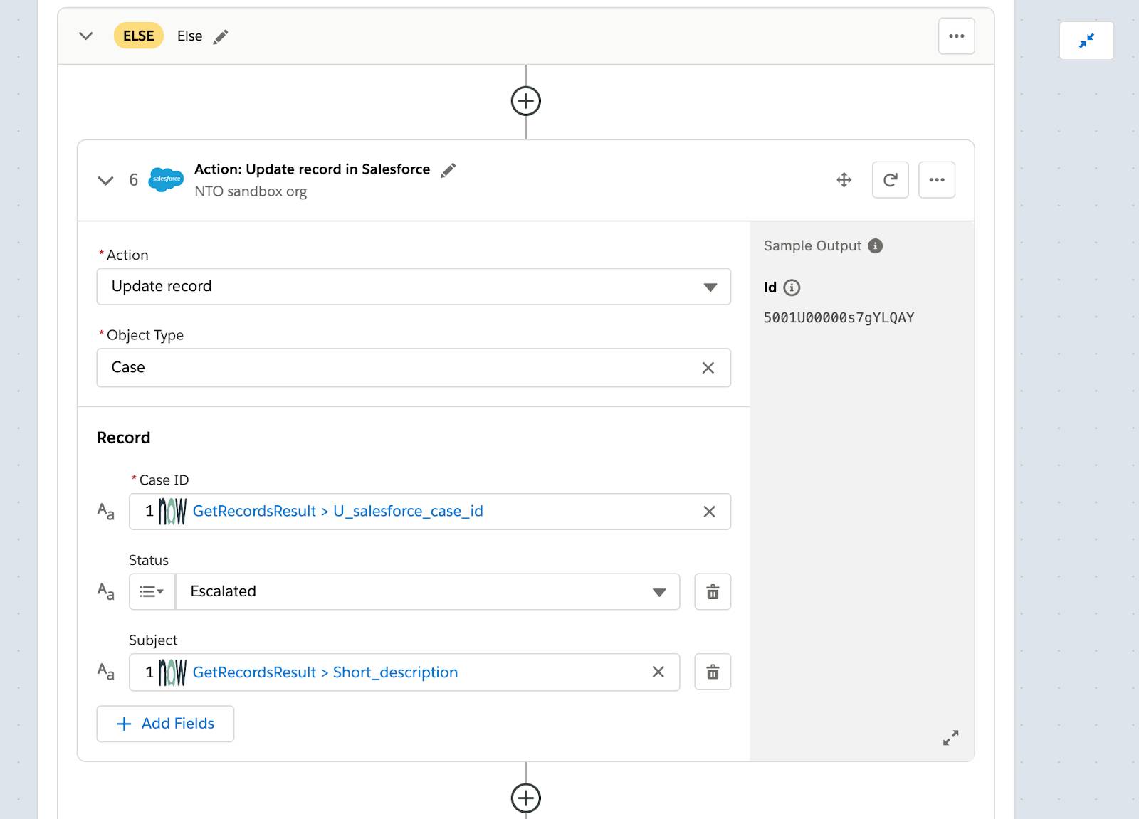 Step 6 of flow within Else branch updating Service Cloud case with short description of the incident and a status of escalated.