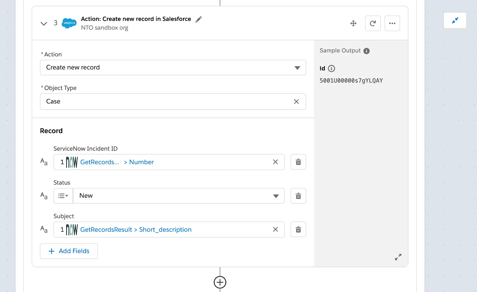 Step 3 of flow within If branch to create a case in Service Cloud with number and short description of the incident and a status of new.