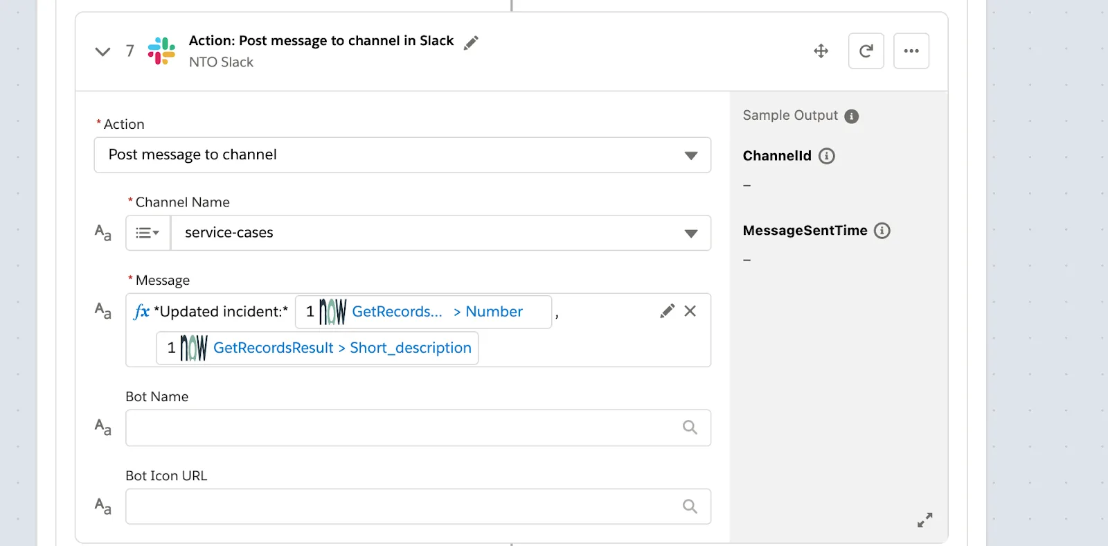 Step 7 of flow within Else branch posting message to service-cases channel in Slack.