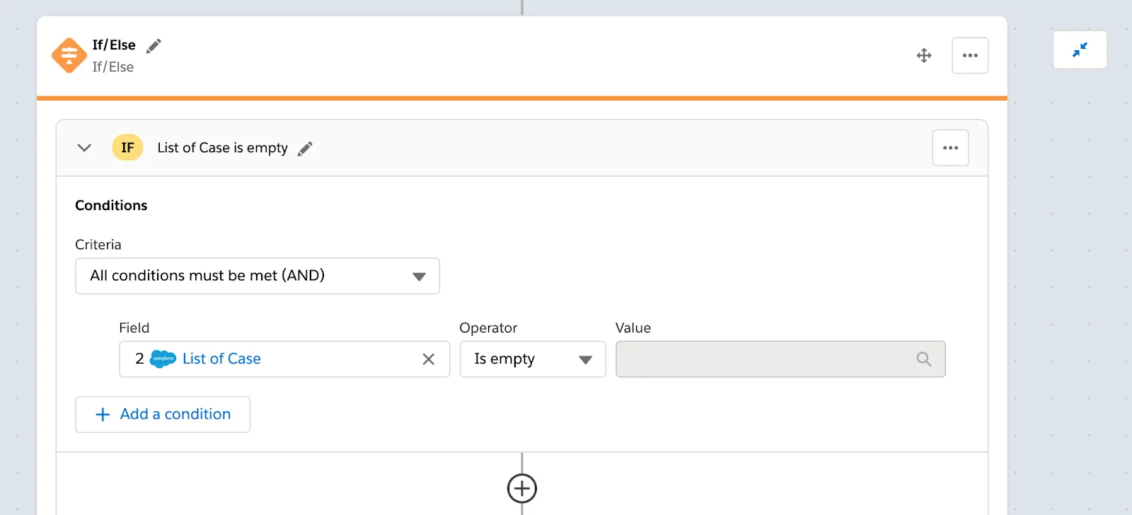 If branch of flow showing condition to determine if list of cases is empty.