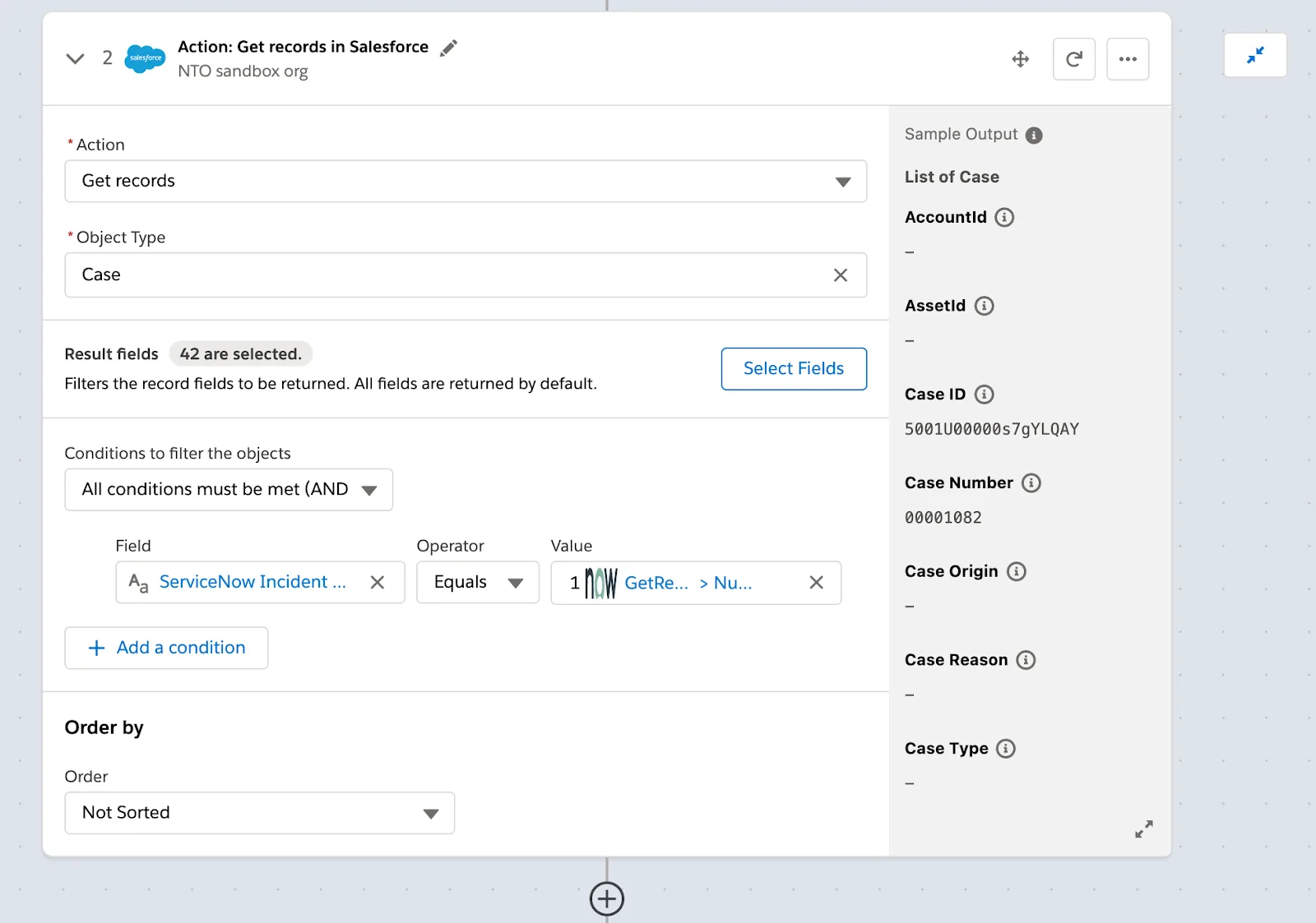 インシデントと ServiceNow 番号が同じ NTO 組織の全ケースを取得するフローのステップ 2。