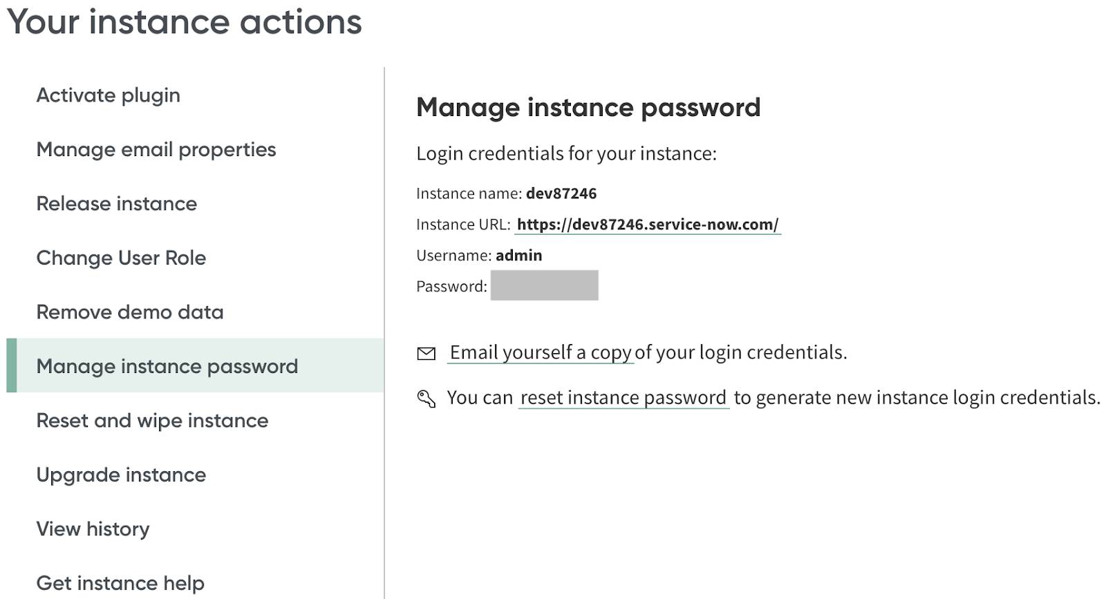 ServiceNow manage instance password action with login credentials.