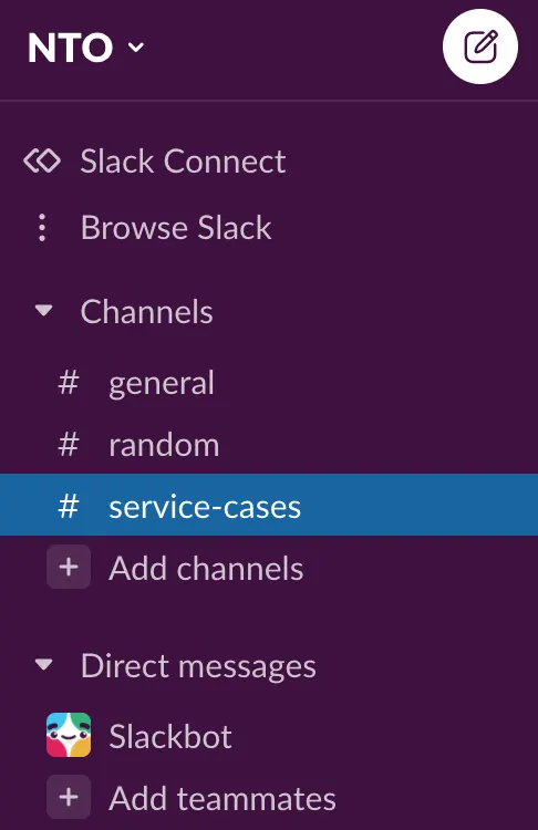 Slack NTO workspace with service-cases as a channel.