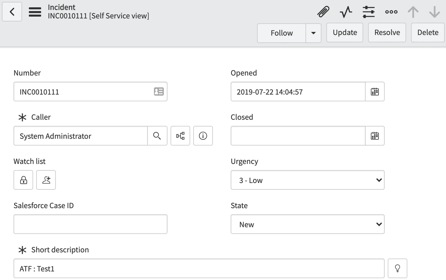 ServiceNow incident tab showing fields such as number, urgency, and state.