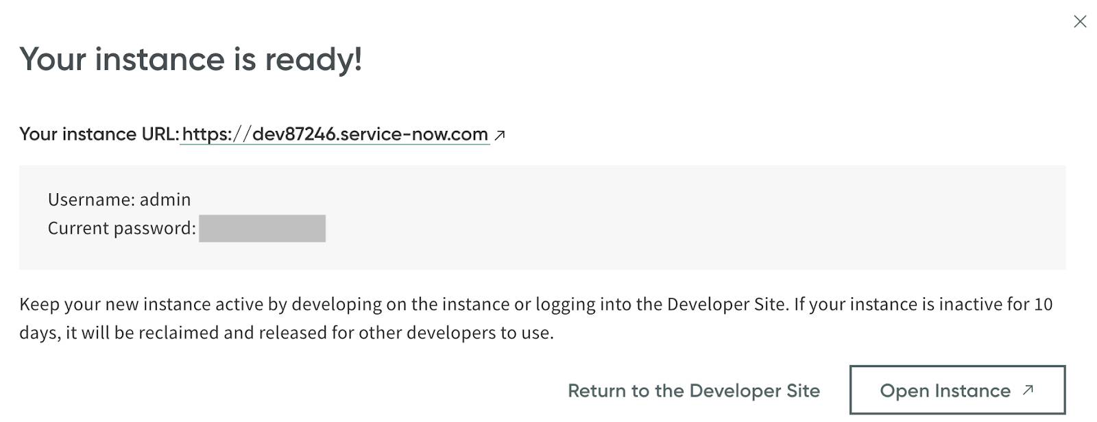 ServiceNow instance URL with username and password.