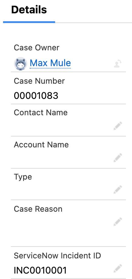 Service Cloud case showing associated ServiceNow incident ID.
