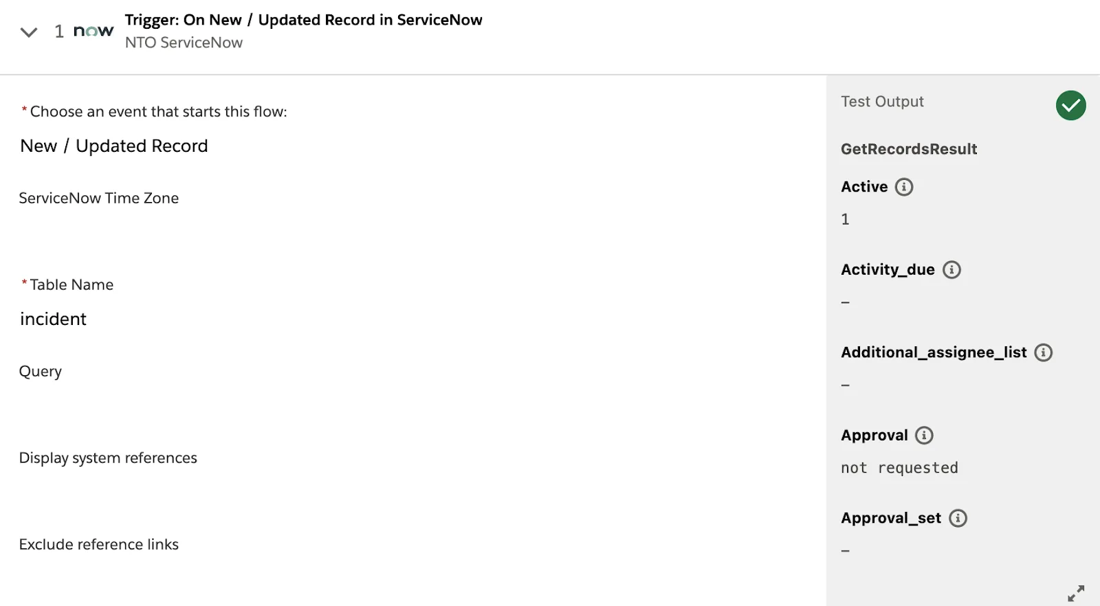 Tested flow showing a green check mark on step 1.