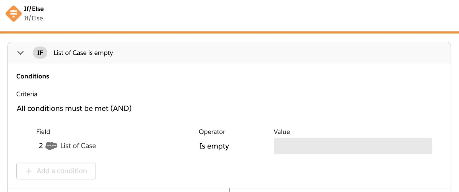 Tested flow showing If branch with condition of list of cases is empty.