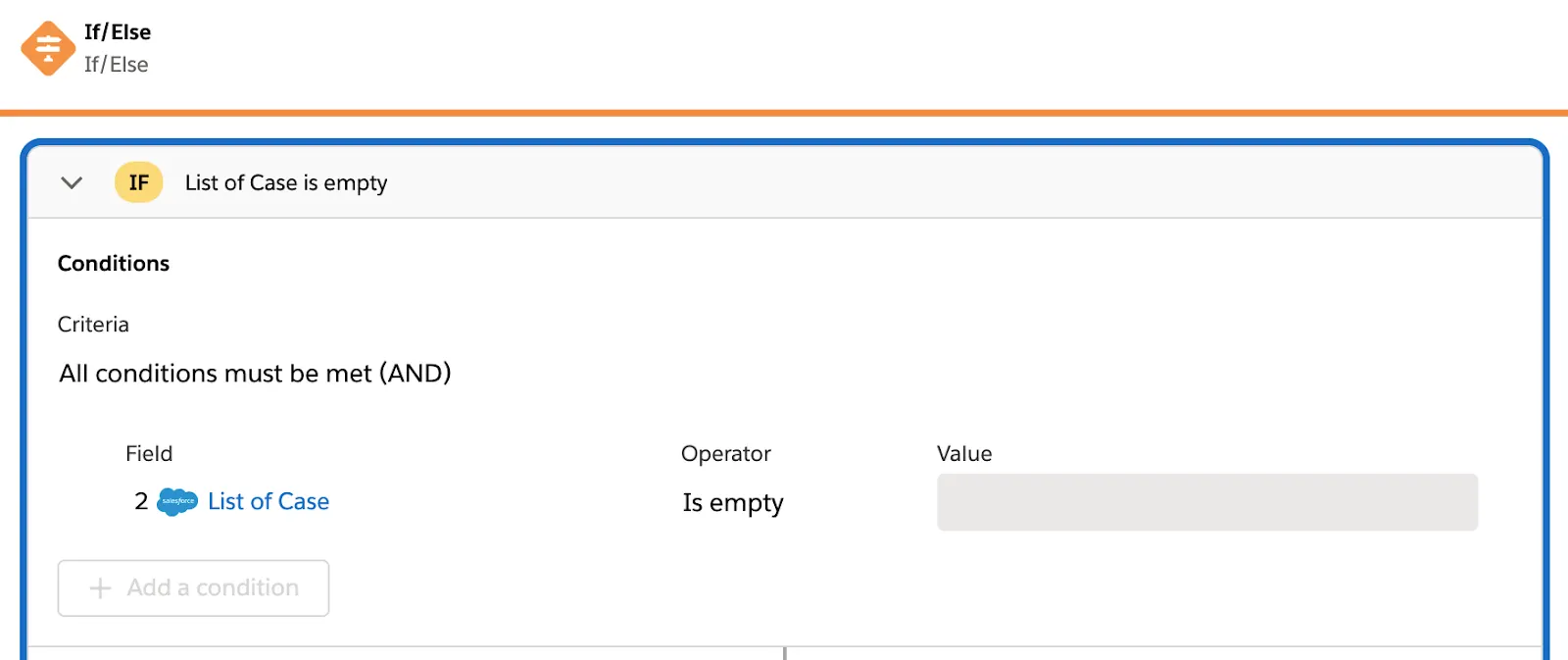 Tested flow showing If branch with condition of list of cases is empty.