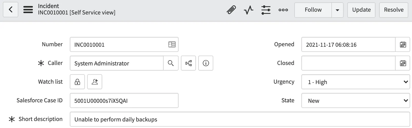 ServiceNow incident showing associated Salesforce Case ID.